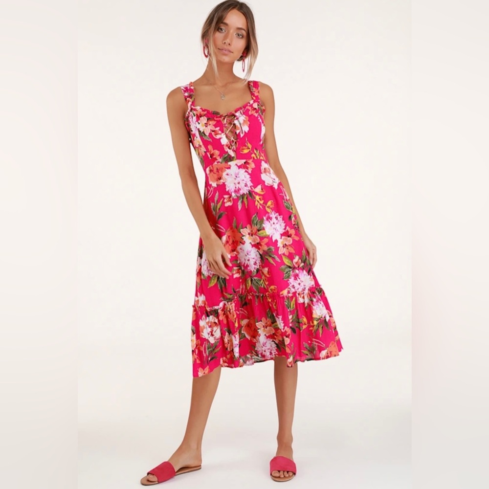 Lulu's Fuchsia Floral Tie-Front Midi Dress - Picture 2 of 8
